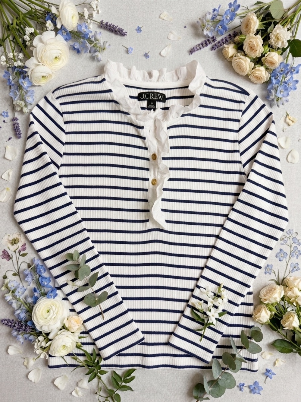 J. Crew Striped Ribbed Striped Ruffle Stretch Top Size Medium - Picture 2 of 8